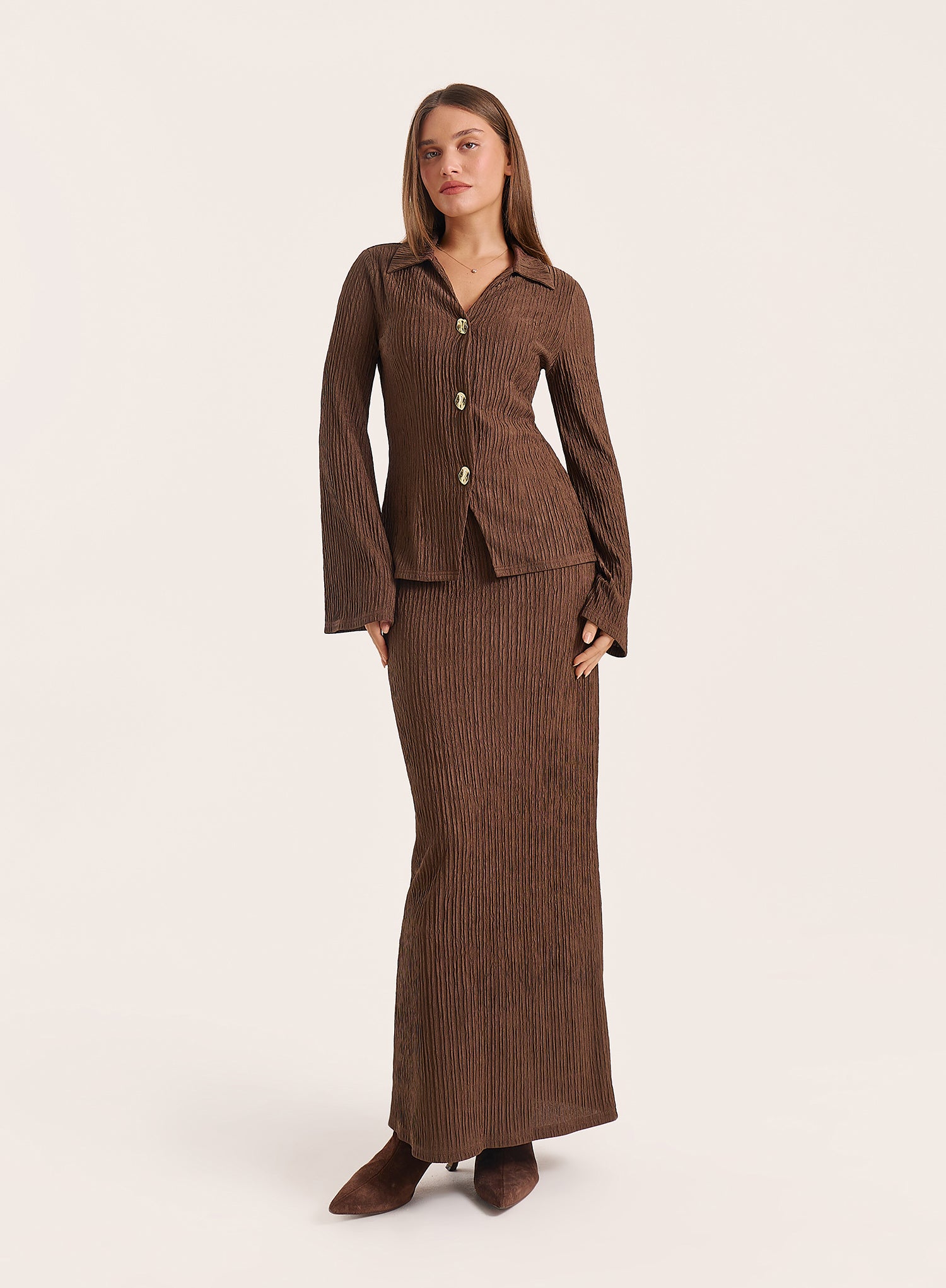 Chocolate Straight Fit Crinkle Maxi Skirt